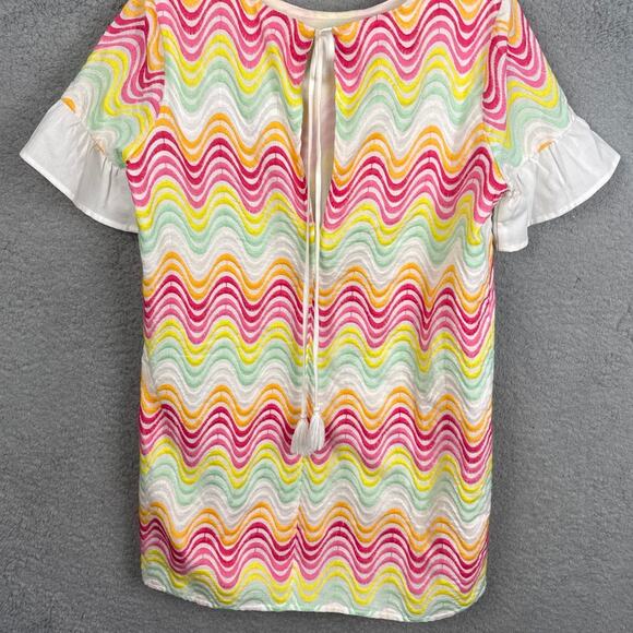 Tularosa Embroidered Mini Dress Wavy 70's Vibe Ruffle Sleeves Size XS Revolve - Picture 3 of 8